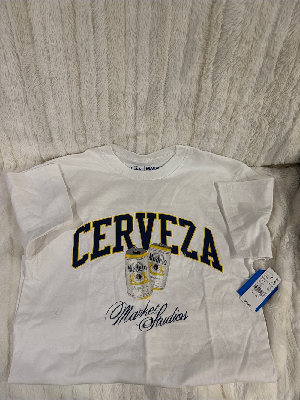 ModelCo White Tee with Navy & Yellow Lettering